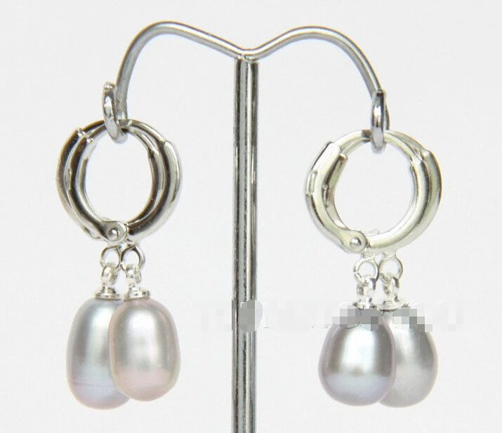 

Free shipping 2pairs 8X10mm drop gray freshwater pearls dangle Earrings e2296