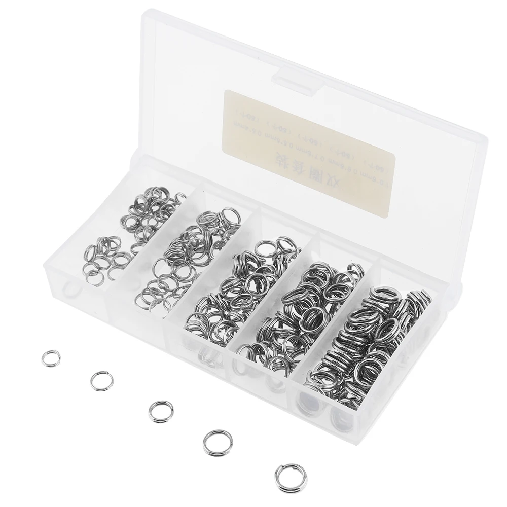 

250pcs Stainless Steel Double Loop Fishing Ring 5 Size Mixed Split Clip Swivel Quick Change Hook Connector with Plastic Box