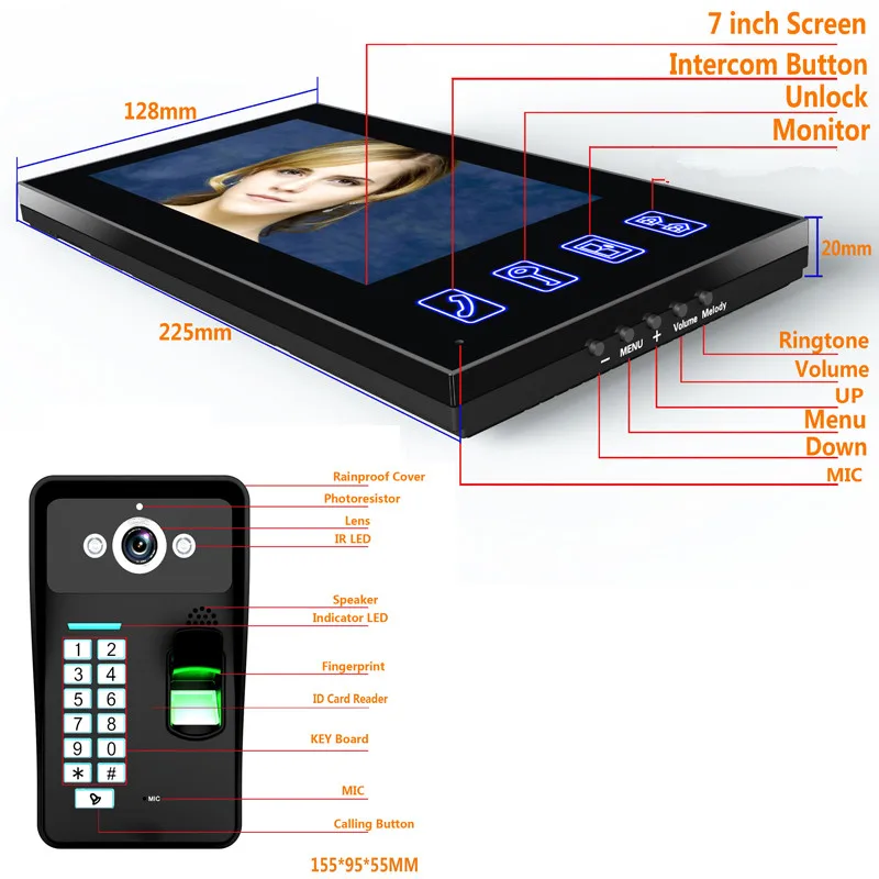 SmartYIBA " 2 черные мониторы проводной/беспроводной Wi-Fi видео телефон двери дверной звонок Домофон Система с отпечатком пальца 5 шт. RFID пароль