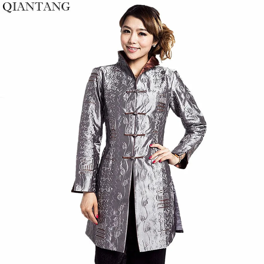 Grigio Tradizionale stile Cinese Giacca Signore Mujer Chaqueta Donne In Raso Ricamo cappotto Taglia Sml XL XXL XXXL 4XL 5XL Mny001B
