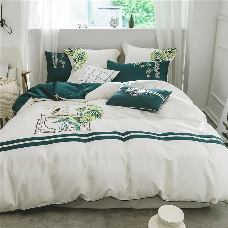 

Chinese style White Cyan 60S Egyptian Cotton Embroidery Bedding Set King Queen Size Duvet Cover Bed Linen Bed Sheet Pillowcases