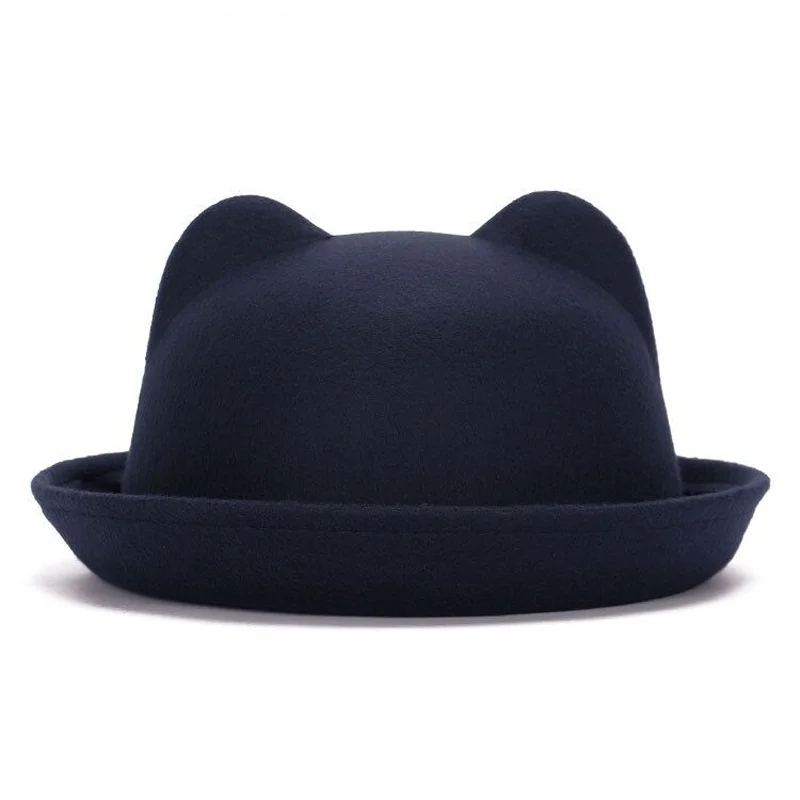 Wuaumx/Модные Винтажные осенне-зимние фетровые шляпы для женщин; фетровая верхняя шляпа для девочек; homberg; женская шапка с котом; шапки с ушками - Цвет: Navy
