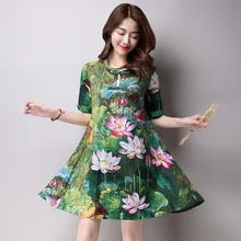 Vintage Ethnic Lotus Style Cotton Linen Dress Large Size Summer Loose Women’s Flax Dress Button Pocket 2017 Creative Design