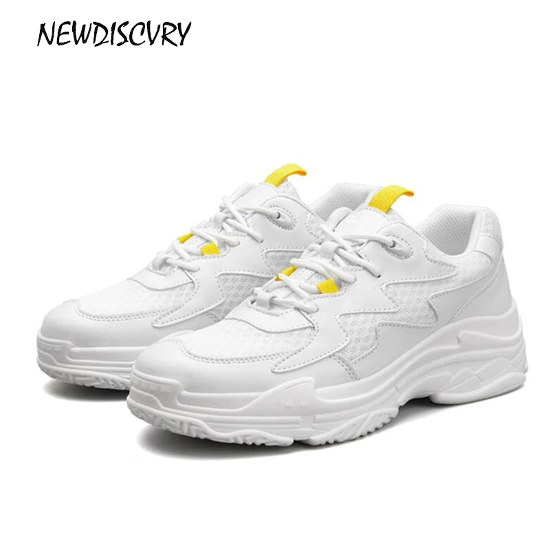 

NEWDISCVRY Genuine Leather Mesh Women's Platform Dad Sneakers 2018 Fashion Women Flat Walking Shoes Woman Casual tenis Footwear