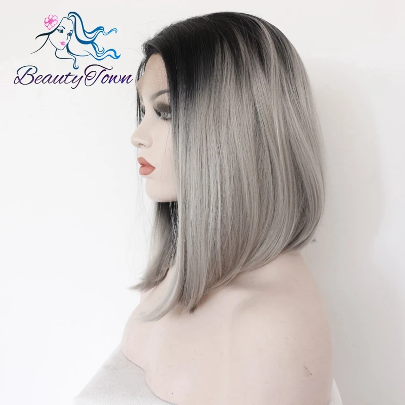 BeautyTown серый Glueless Ombre натуральный черный серебряный серый короткий Боб термостойкие волосы синтетические парики на кружеве для женщин подарок