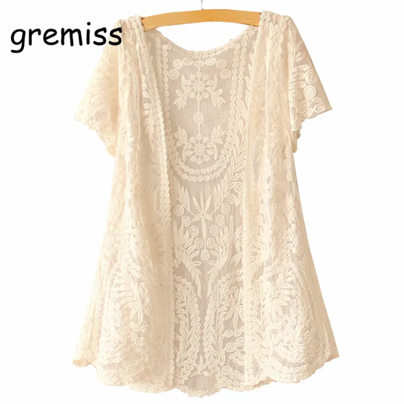 Gremiss Women Clothing See Through White Black Short Sleeve Crochet Net Lace Female Cardigan