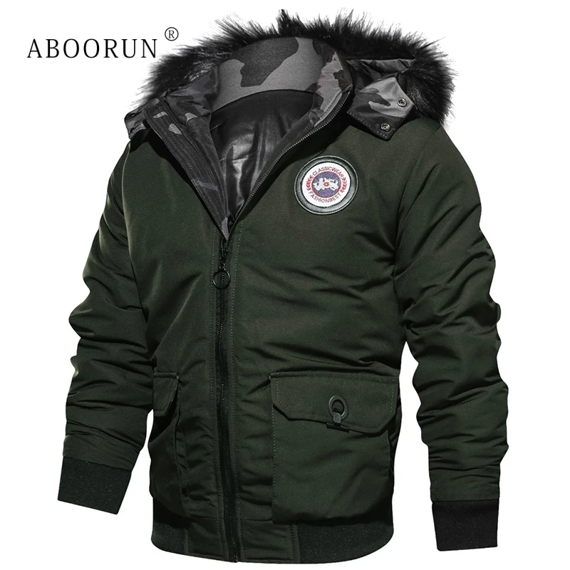 

ABOORUN Military Mens Winter Jackets with Fur Collar Army Black Thick Hooded Jackets Men's Brand Warm Coat Parka x1432