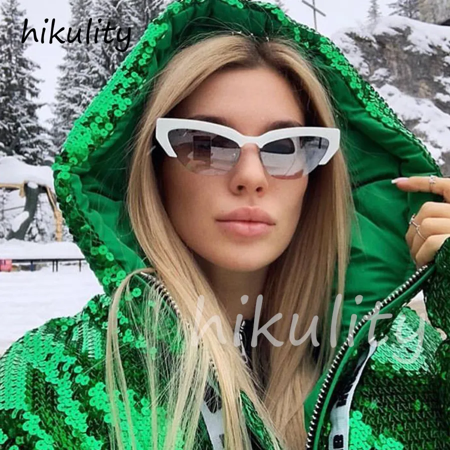 

90120b New 2019 Half Frame Cat Eye Sunglasses Women White Frame Gradient Lens UV400 Protect Small Narrow 90s Sun Glasses Female