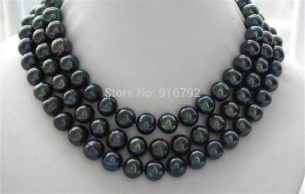 

YH@CS >9-10MM AAA+ NATURAL TAHITIAN BLACK PEARL NECKLACE 3 ROW 14k