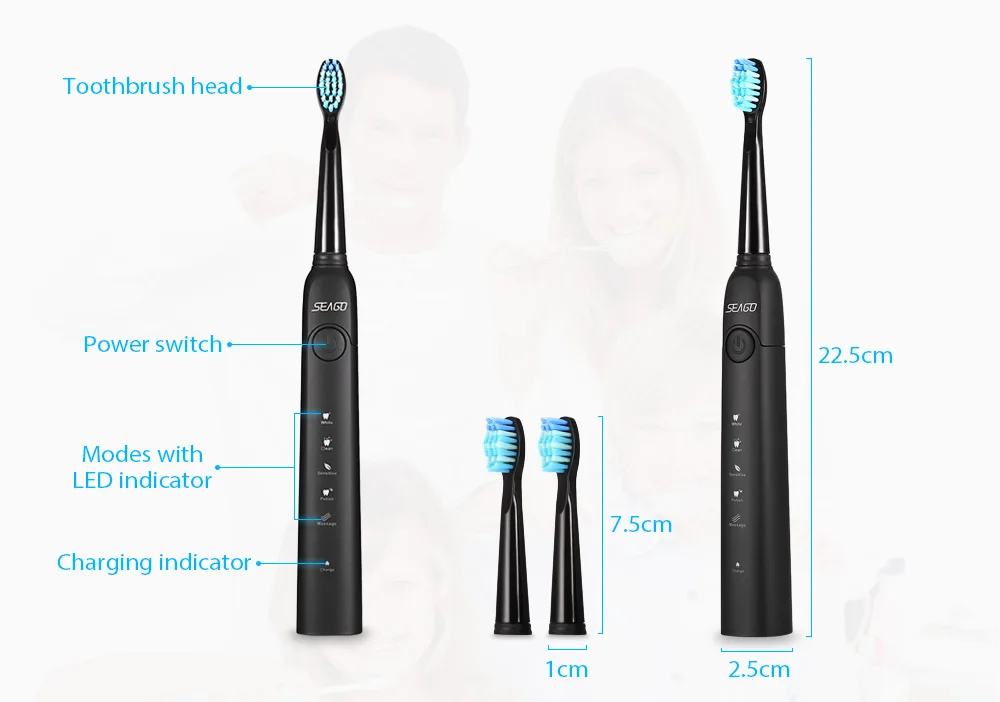 SEAGO SG - 949 Sonic Electric Toothbrush with Smartimer 5 Brushing Modes 3 Brush Heads