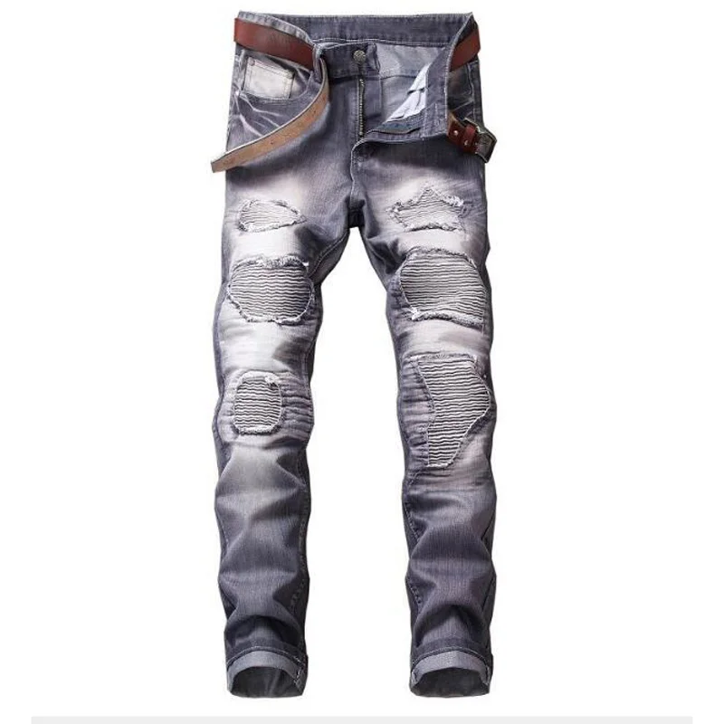 

Fashion Men Casual Jeans Coated Slim Straight Pleated Biker Jeans Pants Male Denim Casual Pants Plus Size Five colours