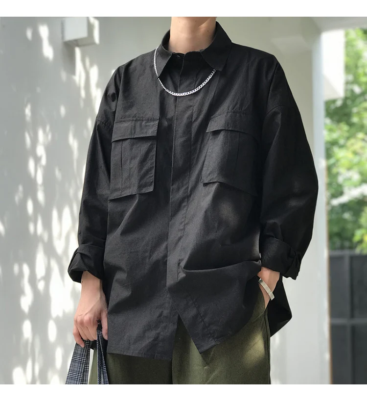 Новая уличная Мужская рубашка, корейская модная повседневная однотонная мужская рубашка с длинными рукавами, дизайнерская мужская рубашка с отложным воротником