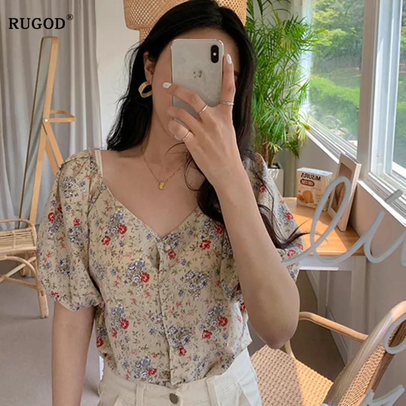 

RUGOD 2019 new arrival summer womens tops and blouses floral print puff sleeve women blouses V neck bluzki damskie