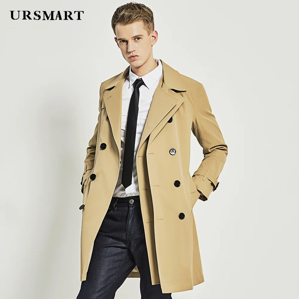 

URSMART Authentic khaki long style trench coat men's double-breasted double-breasted collar men's windbreaker British tough men