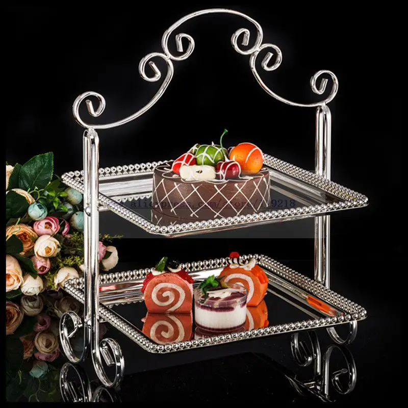 1PCS European double-layer rectangular mirror glass snack rack metal cake multi-layer wedding dessert | Дом и сад