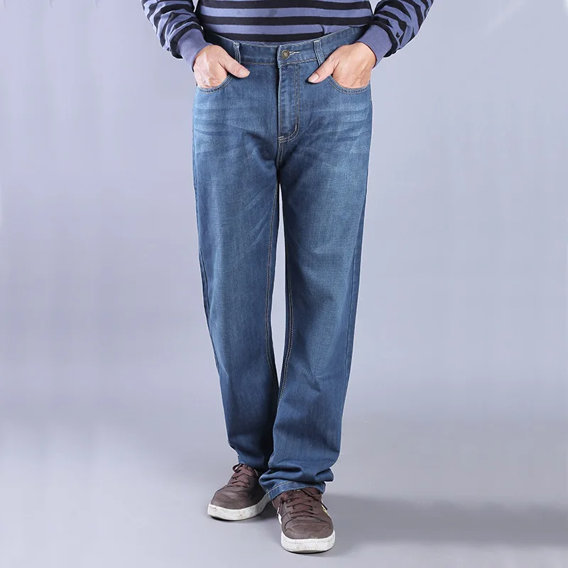 Плюс Размеры синие джинсы мужские джинсы Повседневное среднего талии свободные длинные брюки Мужской сплошной Прямые джинсы для Для