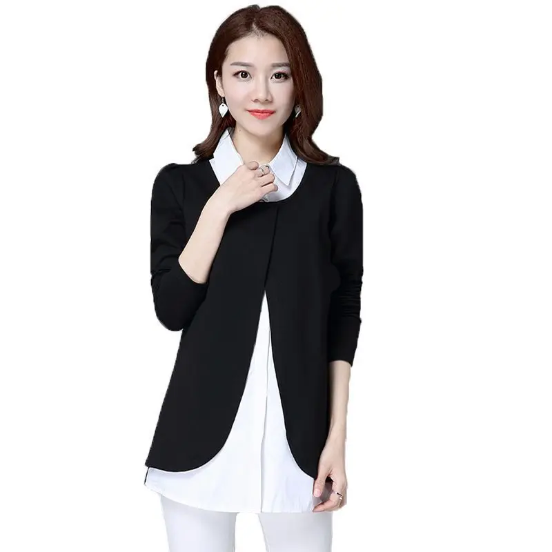 

#3003 Spring 2019 False Two Piece Plus Size XXXXL Slim Blue Black Shirt Women Long Sleeve Elegant Tunic Office Shirt Blouse
