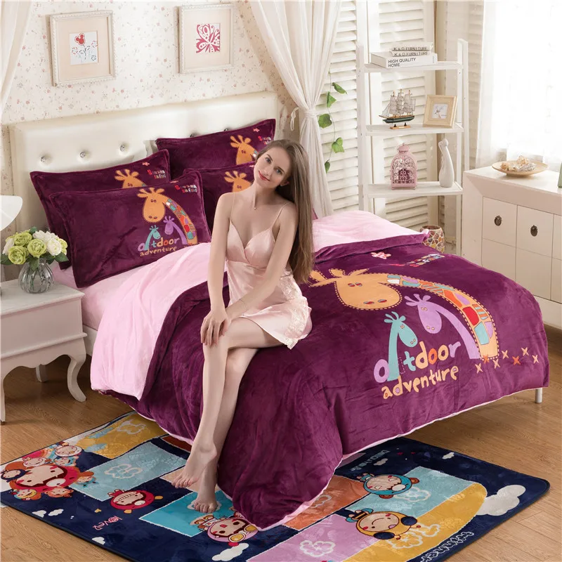 

2016 New Style Flannel High-grade Keep Warm Thickening Coral Cashmere Bedding Sets Full/Queen Size Duvet Cover Cute Design