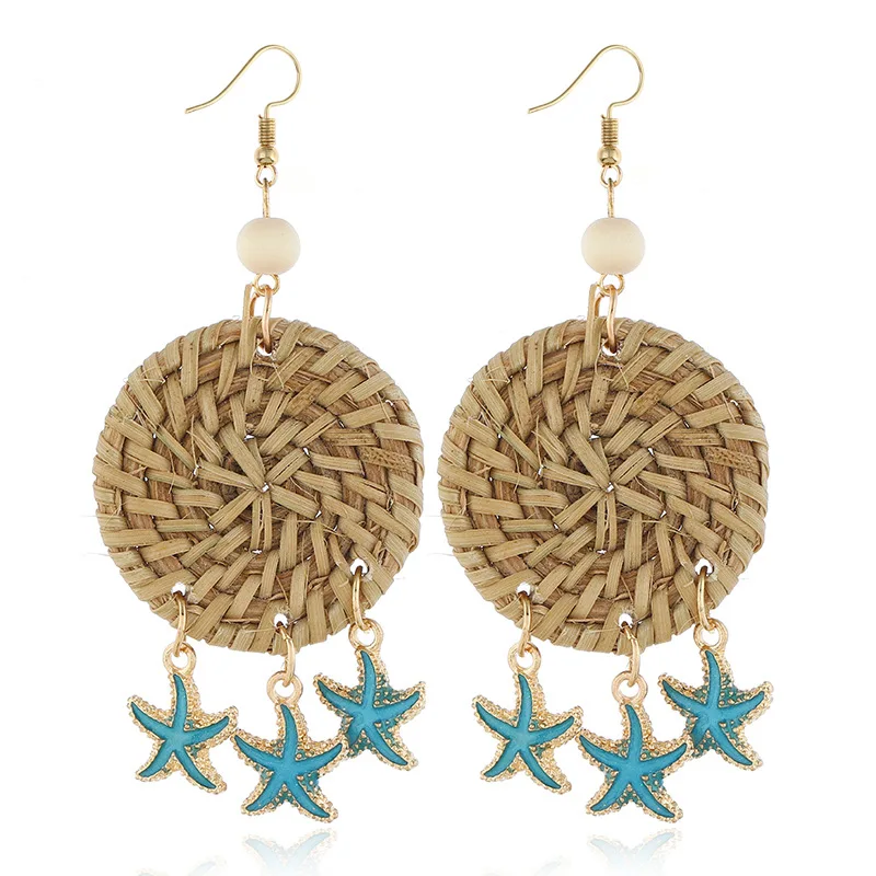 

Fashion Summer Beach Bohemia Drop Dangles Starfish Braid Round Big Long Earrings Rattan Knit Boho Earring For Women Girl Jewelry