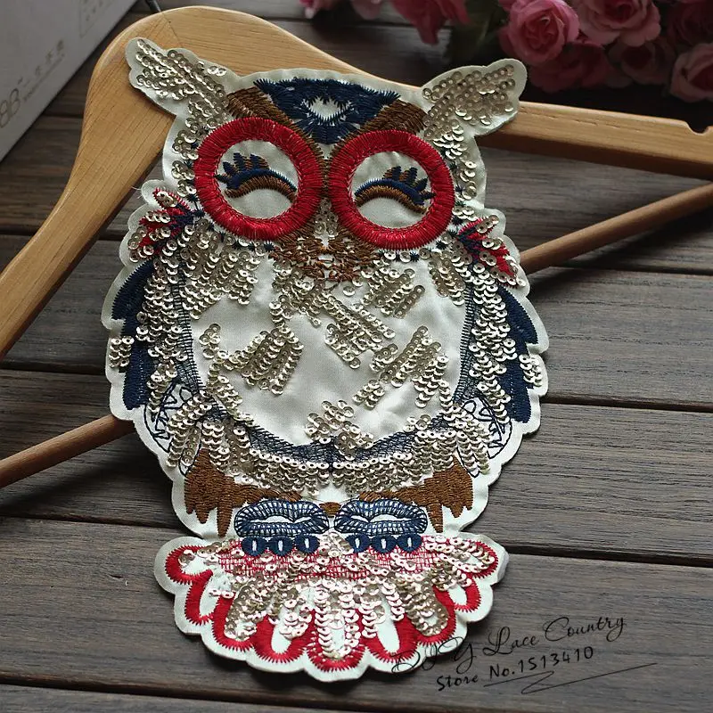 

Free shipping size 30*17cm (5pcs/lot) Gold Sequined owl Lace Applique sequin clothes appliques