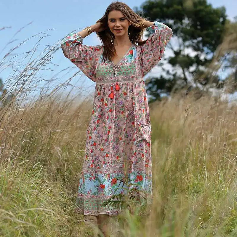 BOHO INSPIRED pink Lotus print boho dress long autumn dresses Sleeve v