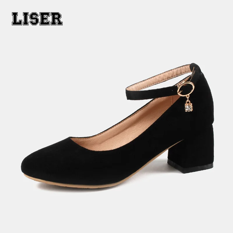 

women ankle strap pumps designer 50mm block heel black flock upper round toe shoes party office commuter plus size 44 hot sale