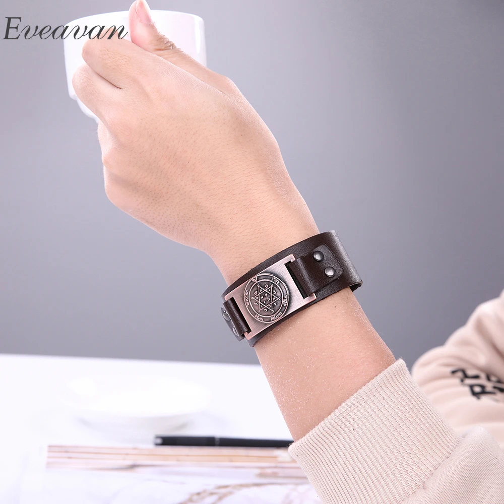 

EUEAVAN 5pcs Unique Design Star Of David Amulet Charm Bracelet The Greater Key of Solomon Religion Leather Jewelry For Men