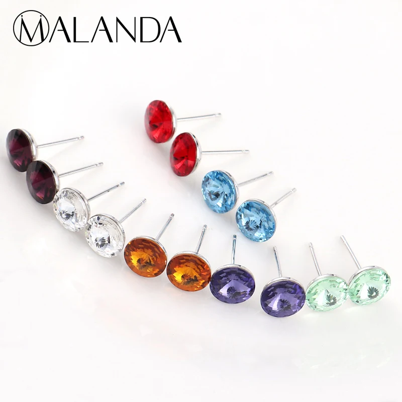 

7 Pairs/Set Round Crystal From SWAROVSKI Stud Earrings For Women Fashion Silver Color Wedding Jewelry Girl Gift 7 Colors/Weekly