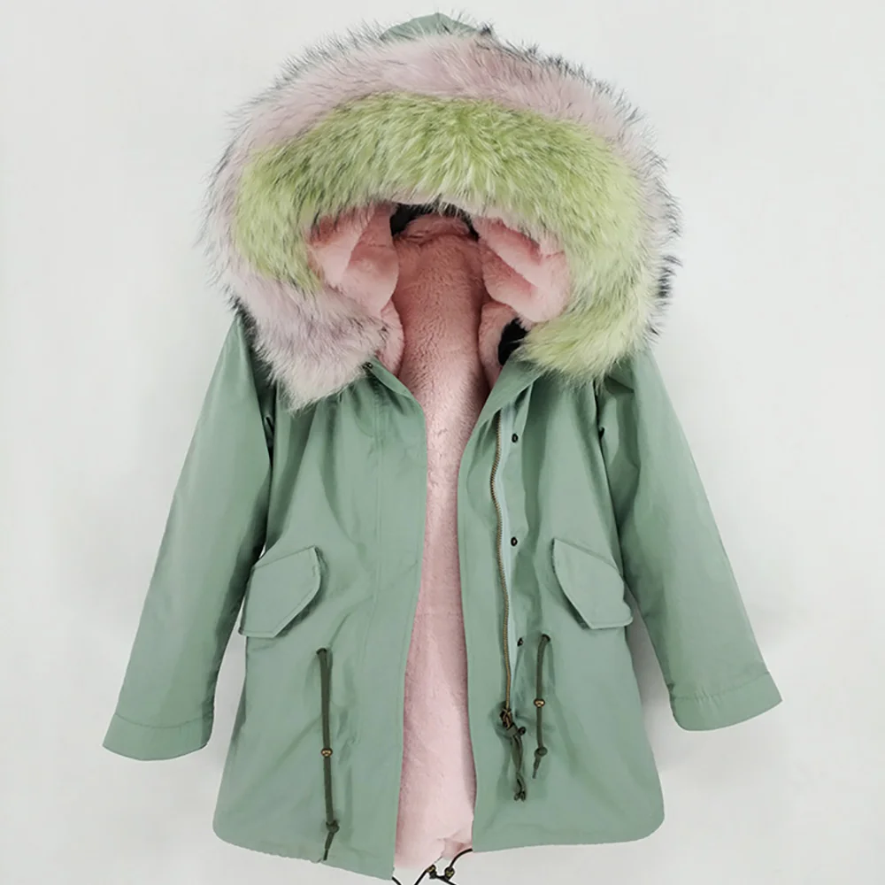 2018 parka long light green winter jacket coat women real fur coat