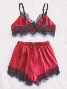 

2pcs Women Sexy Satin Lace Mesh Sleepwear Set Babydoll Lingerie Nightwear Sleeveless Tops + Mini Shorts Female Pajama Sets