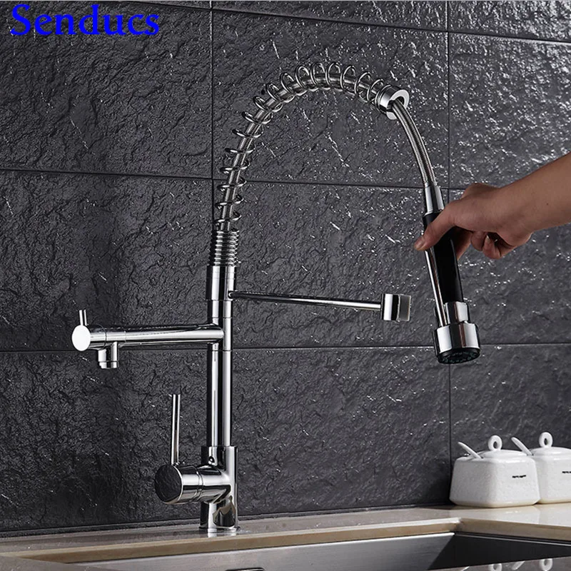 Senducs Chrome Spring Kitchen Faucet Quality Brass Pull Out Sink Deck Mounted Mixer Tap | Обустройство дома