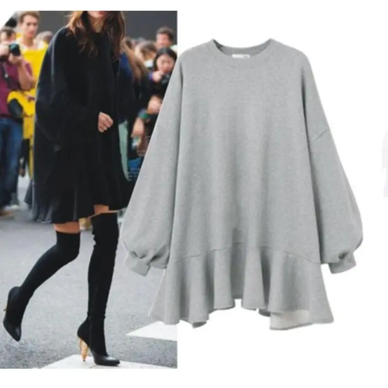 

Autumn Winter Lantern Sleeve Pullover Irregular Loose Solid Long Sleeve Mini Dress Fashion Elegant Underwear Dress Plus
