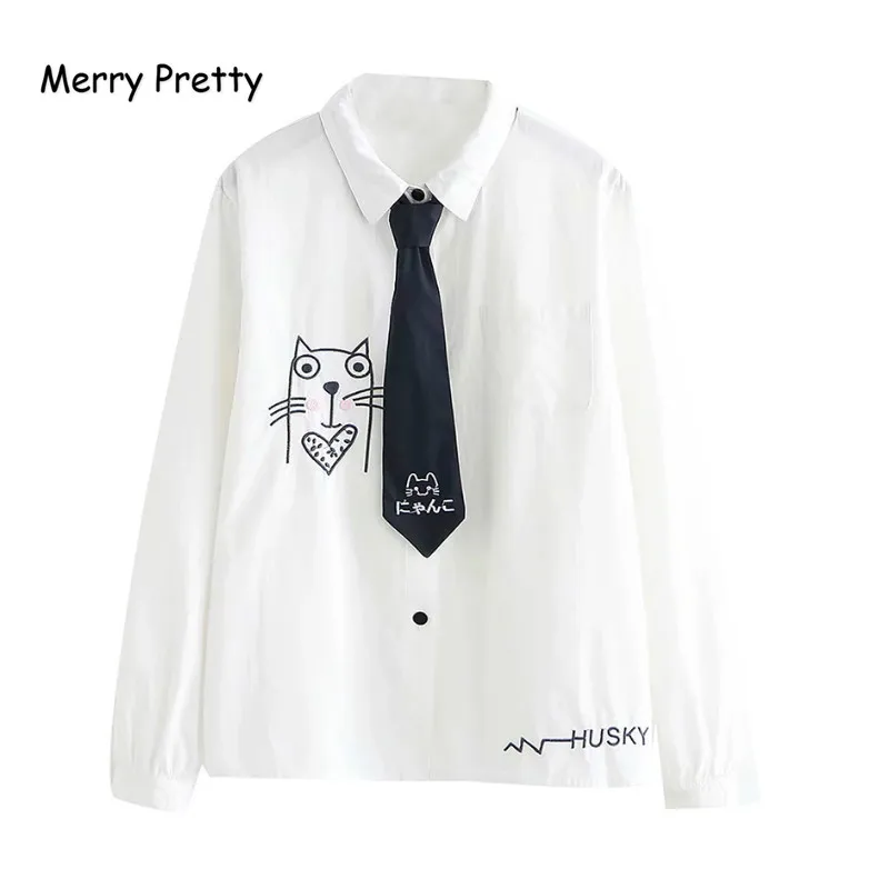Merry Pretty японская Mori Girl Осенняя женская рубашка милый кавайный котик и буква