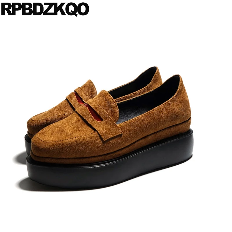 

women square toe muffin china slip on suede thick sole elevator size 33 brown creepers platform shoes british style loafers