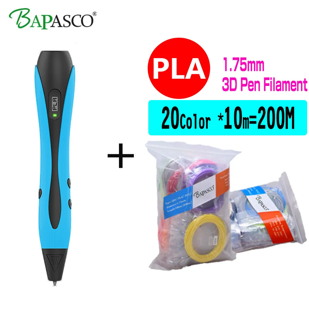 

New BAPASCO BP-07 3D Pen Add 200M(20Color) PLA Filaments DIY 3D Printing Pen Safe For Kids Magic Drawing Pen 3D EU/US.AU/UK Plug