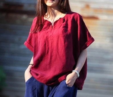 Новая Повседневная Свободная одежда, рубашка, льняной женский топ с коротким рукавом, льняная рубашка, одежда синего и красного цвета - Цвет: Красный