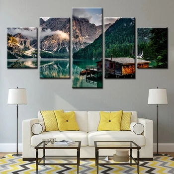 

Painting Cabin In The Mountains By Lake In Winter Picture Print On Canvas Beautiful Landscape Canvas Wall Art for Home Decor