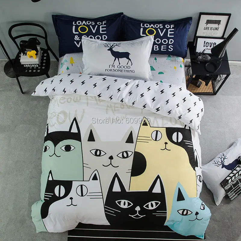 Cute Cartoon Cat Girls Boys Black White Yellow Bedding Bed Set