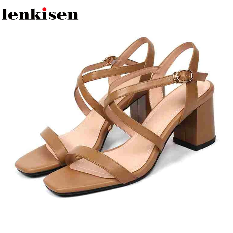 

Lenkisen 2018 new arrival soft genuine leather career lady solid color simple all match 5cm high heel women European sandals L23