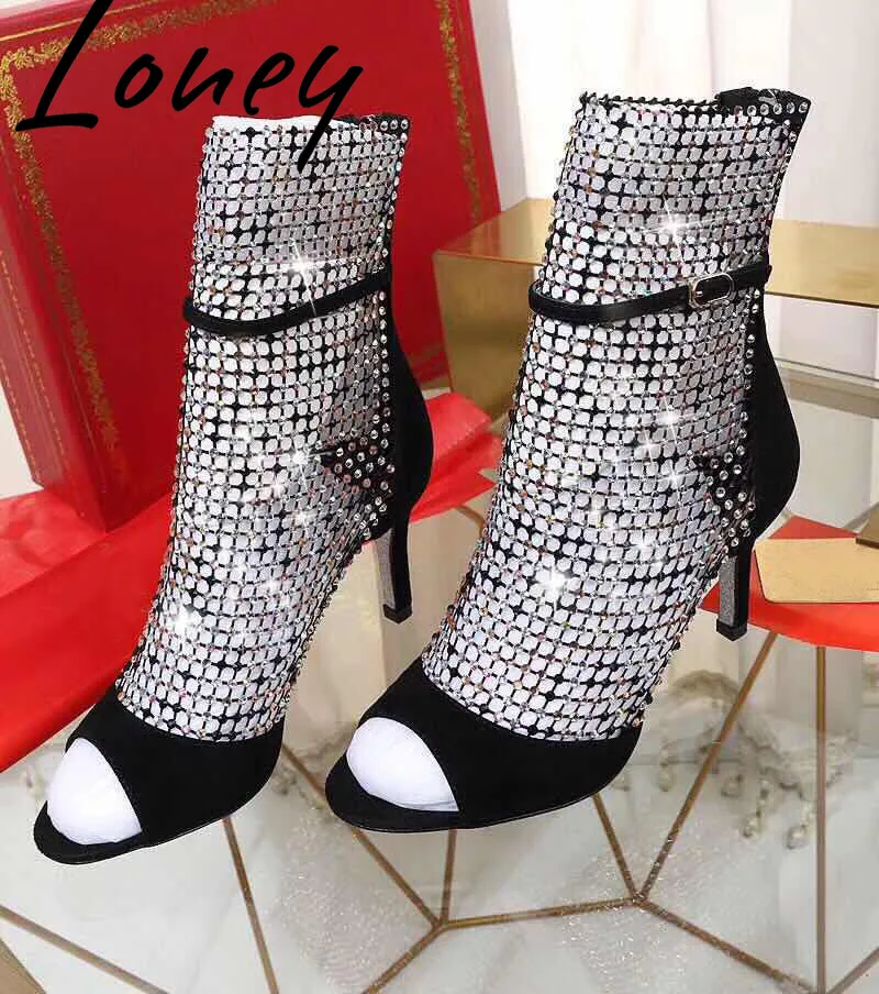 

Loney New Quality Branded Genuine Leather Mesh Crystal Summer Sandals Open Toe Buckle Strap HIgh Heel Sandals Shoes Women