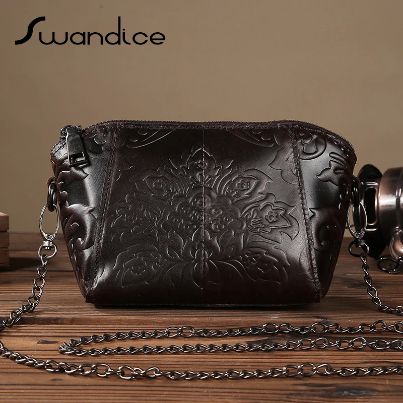 

Crazy Horse Leather Vintage Embossed Flower Small Mini Shell Chain Crossbody Messenger Shoulder Bags Women Genuine Cow Leather