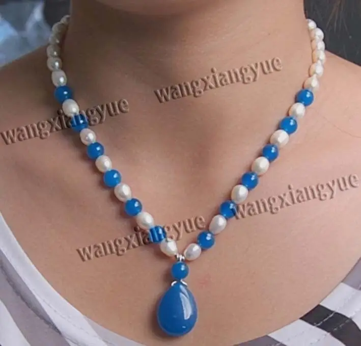 

HOT## Wholesale > 7-8mm White Akoya Pearl/Apatite Pendant Necklace 18