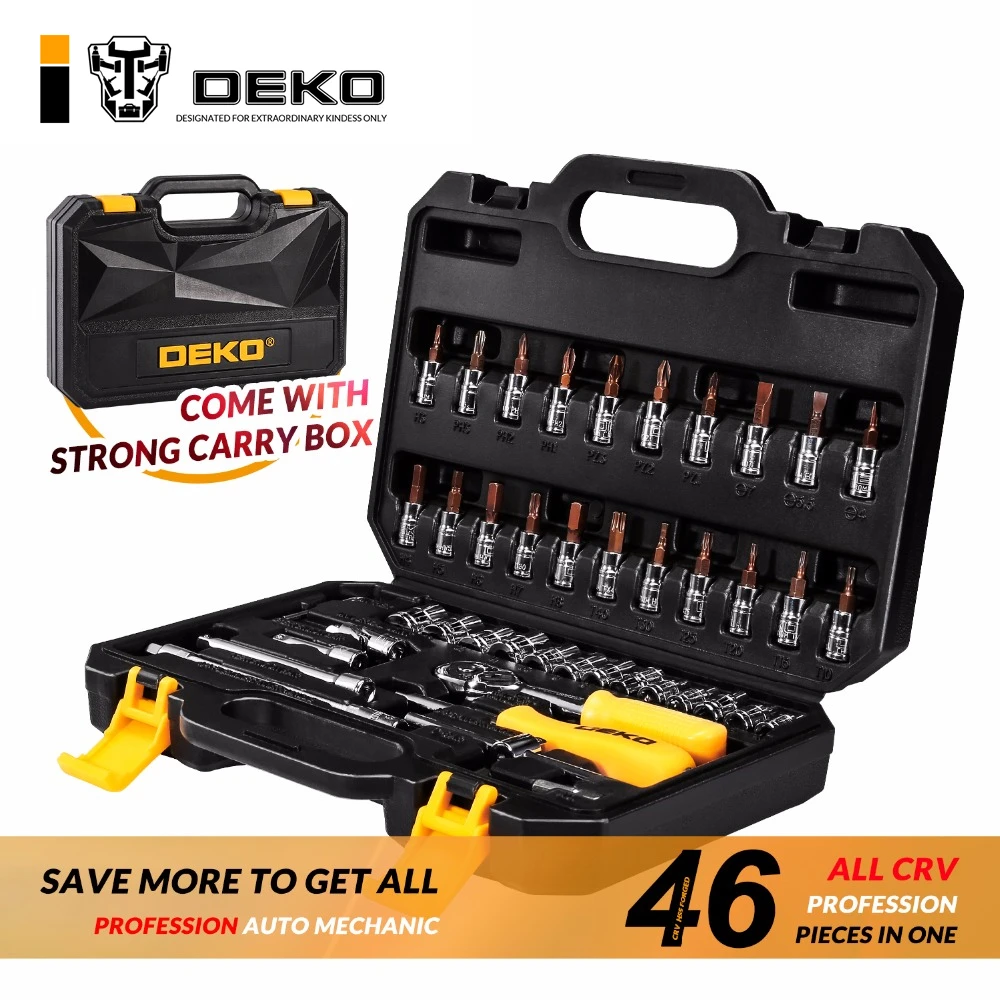 

DEKOPRO 46-Piece Hand Tool Set General Household Hand Tool Kit with Plastic Toolbox Storage Case Wrench Screwdriver Socket