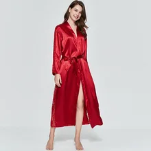 Новинка китайский красный атлас, искусственный шелк халат сексуальное кружевное кимоно Банный халат невесты Свадебная Пижама с v-образным вырезом повседневная одежда для сна