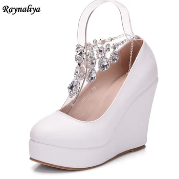 

New White Ankle Strap Thick Wedges Platform Pumps Large Size Bridal Shoes Women Crystal Rhinestone Platform Shoes XY-A0020