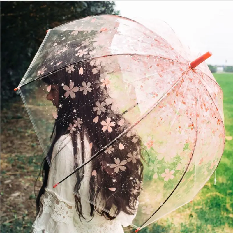 

Romantic Transparent Clear Flowers Bubble Dome Umbrella Half Automatic For Wind Heavy Rain Oct-24C