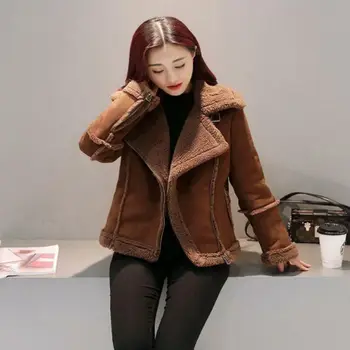 

new Winter Jacket Women Suede Lamb Woolen Coat Biker Jacket Lapel Short Coats Female Fur Coat Thicker Outerwear Warm Coat