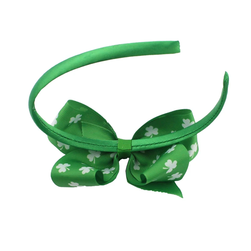 Fashion Girls Green Clover Printing  Headband Solid Grosgrain Ribbon Bows Hairhoop Headband Boutique Hairhoop  For Kids Headwear Hair Accessories (2)