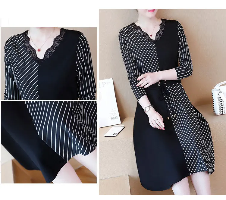 2019 Korean Fashion Women Dress Autumn Large Size Dresses Striped Patchwork Dress Ladies Lace V-Neck Long Sleeve Vestidos Robe Femme (7)