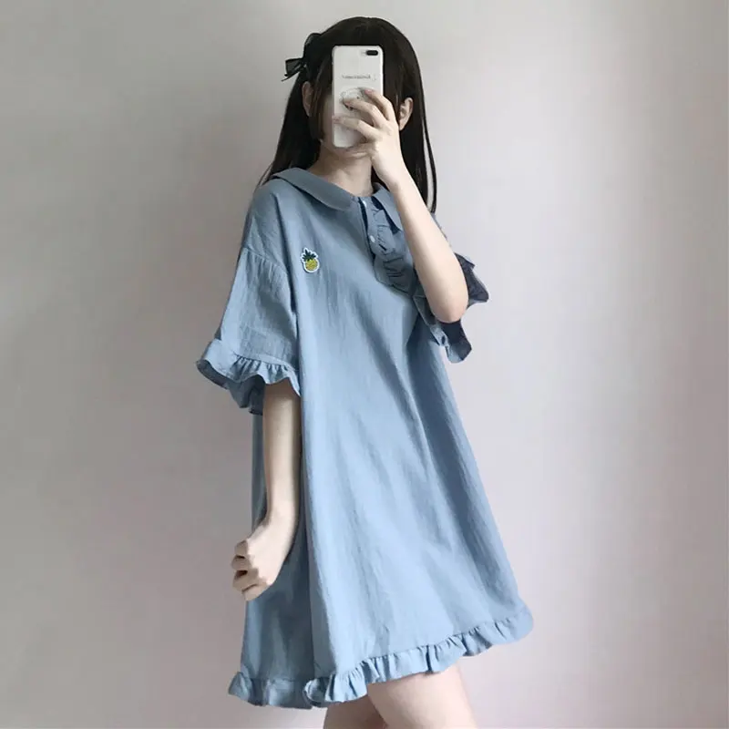 

Sweet Women's Lovely Baggy Summer Dress Cute embroidery Dress Loose Sailor Colar Dress Preppy Style Clothes
